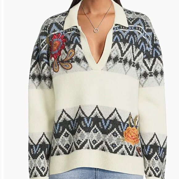 Johnny Was Fairisle Polo Embroidered Wool Cashmere Sweater Sezana L NWT $398 - Picture 1 of 3